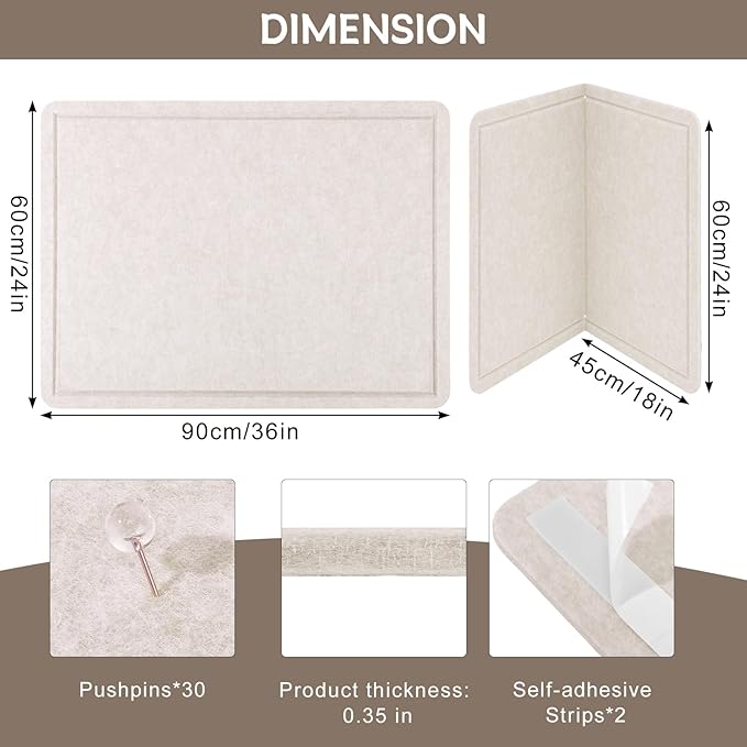 Bulletin Board, 36" x 24" Foldable Cork Board Felt Pin Boards with 35 Pushpins Self-Adhesive Photo Decorative Felt Boards for Walls, Office, School, Classroom, Home, Bedroom - Oatmeal