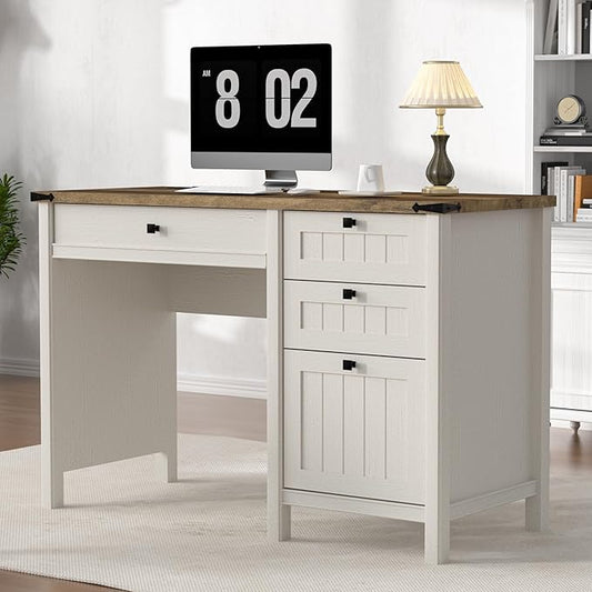 Executive Desk, Farmhouse Computer Desk with Drawers & Cabinet, Home Office Desk for Work Study Writing Workspace (Antique White, 45")