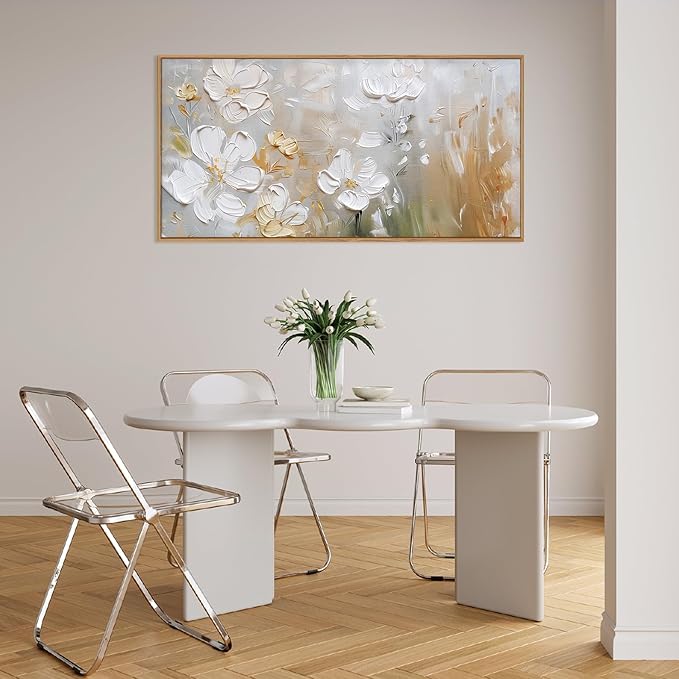 HPNIUB Large White Flower Framed Wall Art Modern White and Gold Floral Canvas Oil Painting Nature Botanical Wall Decor Abstract Aesthetic Artwork for Living Room Bedroom Decor -20"x40"
