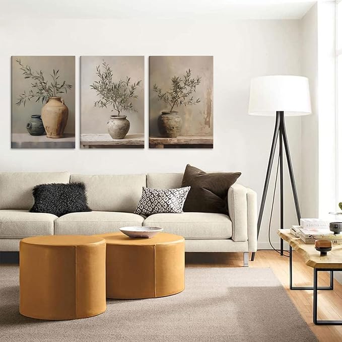3Pcs Framed Vintage Vase Canvas Wall Art Green Rustic Olive Branch Wall Decor Pictures Antique Still Life Plant Posters Paintings Prints for Bedroom Living Room Kitchen Artwork Home Decoration