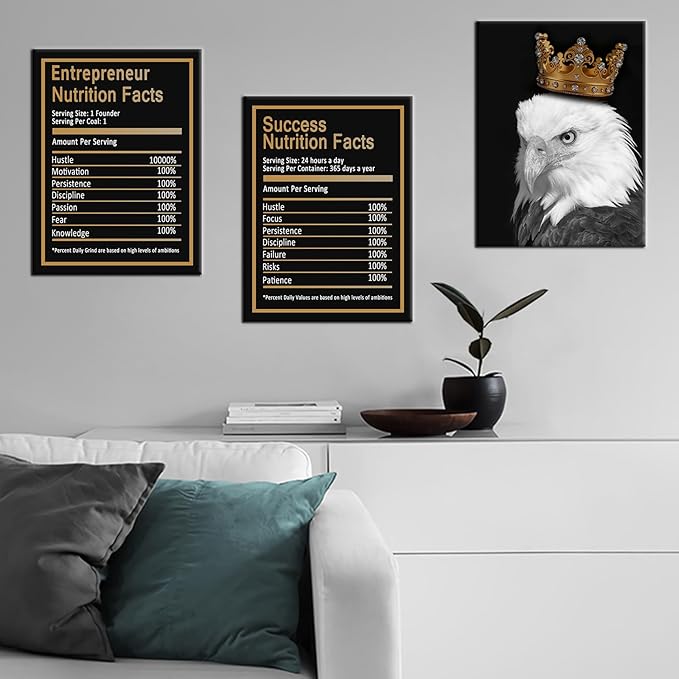Inspirational Canvas Wall Art Home Decor 3 Piece Poster Print Eagle Success Nutrition Facts Motivational Quotes Painting Artwork for Home Bedroom Bathroom Wall Picture Ready to Hang [36''W x 16''H]