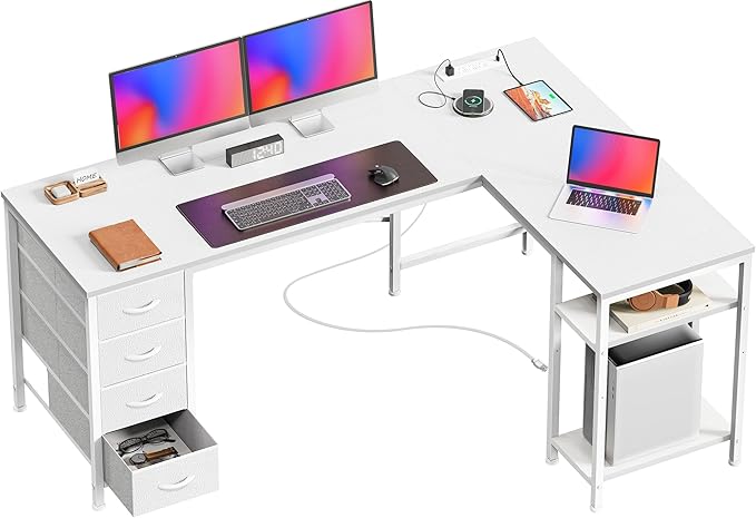 Huuger 55 Inch L Shaped Desk with Fabric Drawers, Reversible Computer Gaming Desk with Power Outlets and USB-C Port, Adjustable Side Storage Shelves, for Work Study Corner Home Office, White