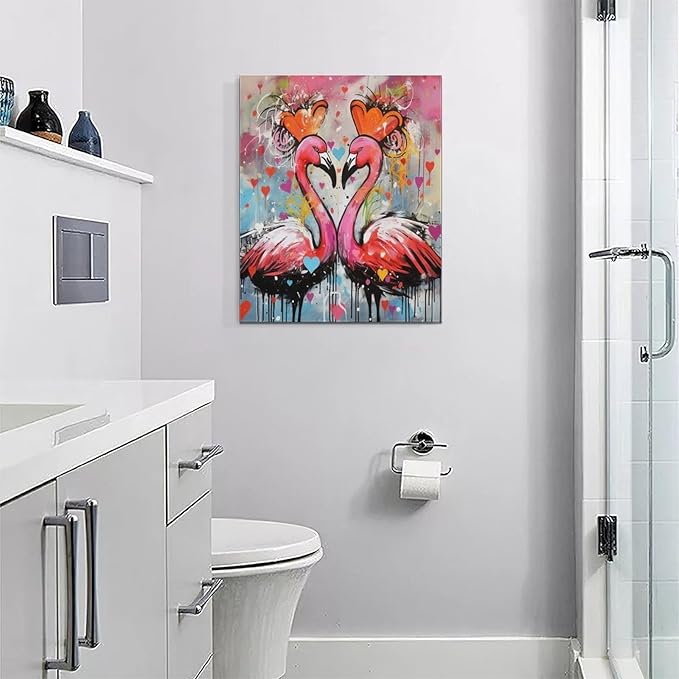 yerretin Flamingo Wall Art Banksy Graffiti Pictures Wall Decor Pink Canvas Painting Modern Home Decoration Artwork for Bathroom Bedroom Living Room Office Framed 16"x20"