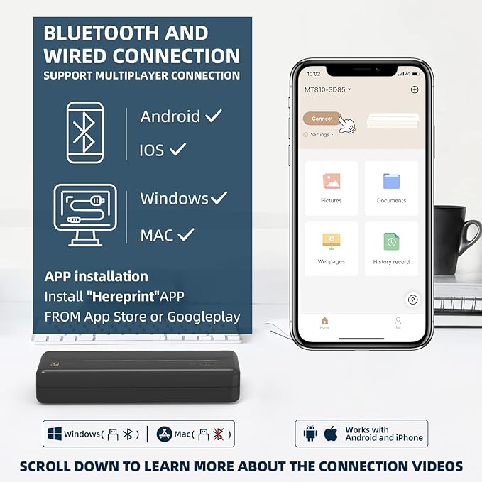 Inkless Wireless Printer for Home Offices & Travel, Supports 8" & 4" Thermal Paper Roll, Perfect for iOS Android & Laptops, Compact Printer for Bussiness Trips, No Ink Needed