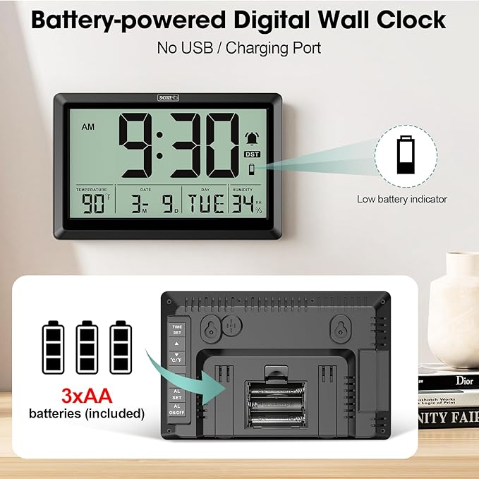10.4'' Digital Wall Clock Battery Operated with Date/Temp/Week, Touch Snooze Function, Alarm, Temperature & Humidity - Easy to Read and Set, Auto DST