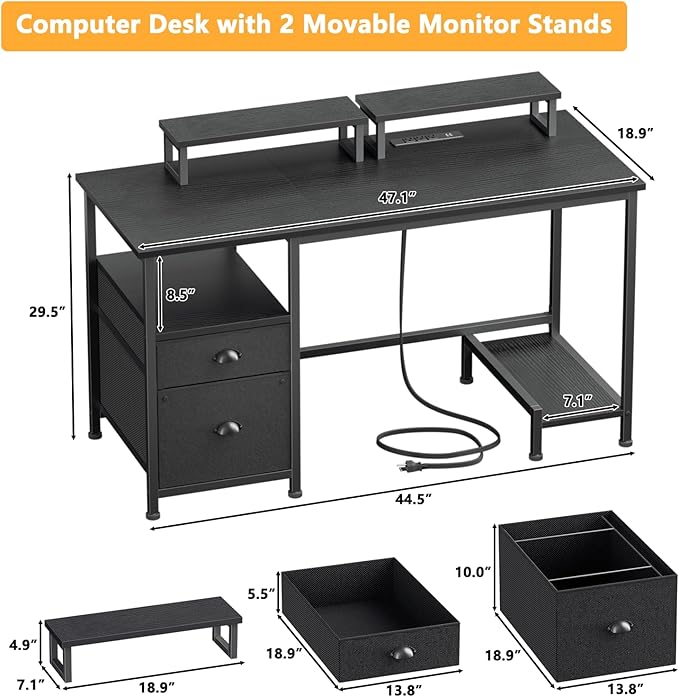 Furologee 47" Computer Desk with File Cabinet and Power Outlets, Home Office Desk with 2 Monitor Stands and Storage Drawer, Gaming Table with Shelves and 2 Hooks for Bedroom, Black