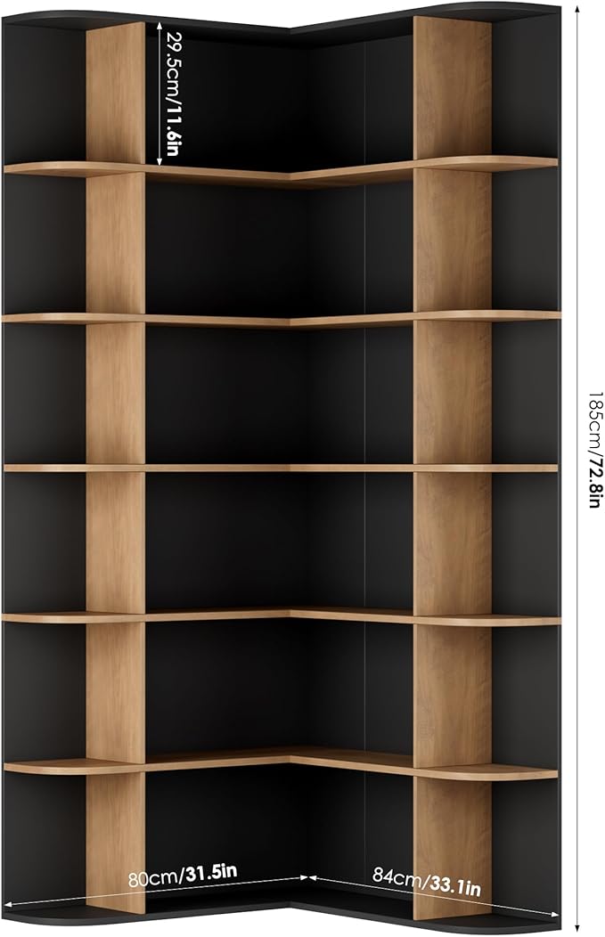 FOTOSOK 74” Tall Corner Bookshelf, 6-Tier Bookshelf and Bookcase with Open Storage, Tall Bookcases Wooden Storage Shelves for Home Office, Thickened Boards for Better Load Bearing, Black/Brown