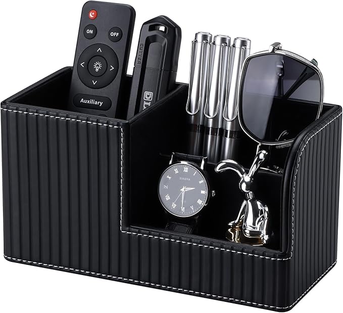 KINGFOM Desk Pen Organizer Office Supplies Caddy Pu Leather Multi-function Storage Box Pen/Pencil,Cell phone, Business Name Cards Remote Control Holder (Black)