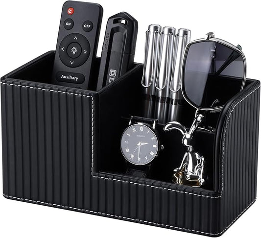 KINGFOM Desk Pen Organizer Office Supplies Caddy Pu Leather Multi-function Storage Box Pen/Pencil,Cell phone, Business Name Cards Remote Control Holder (Black)