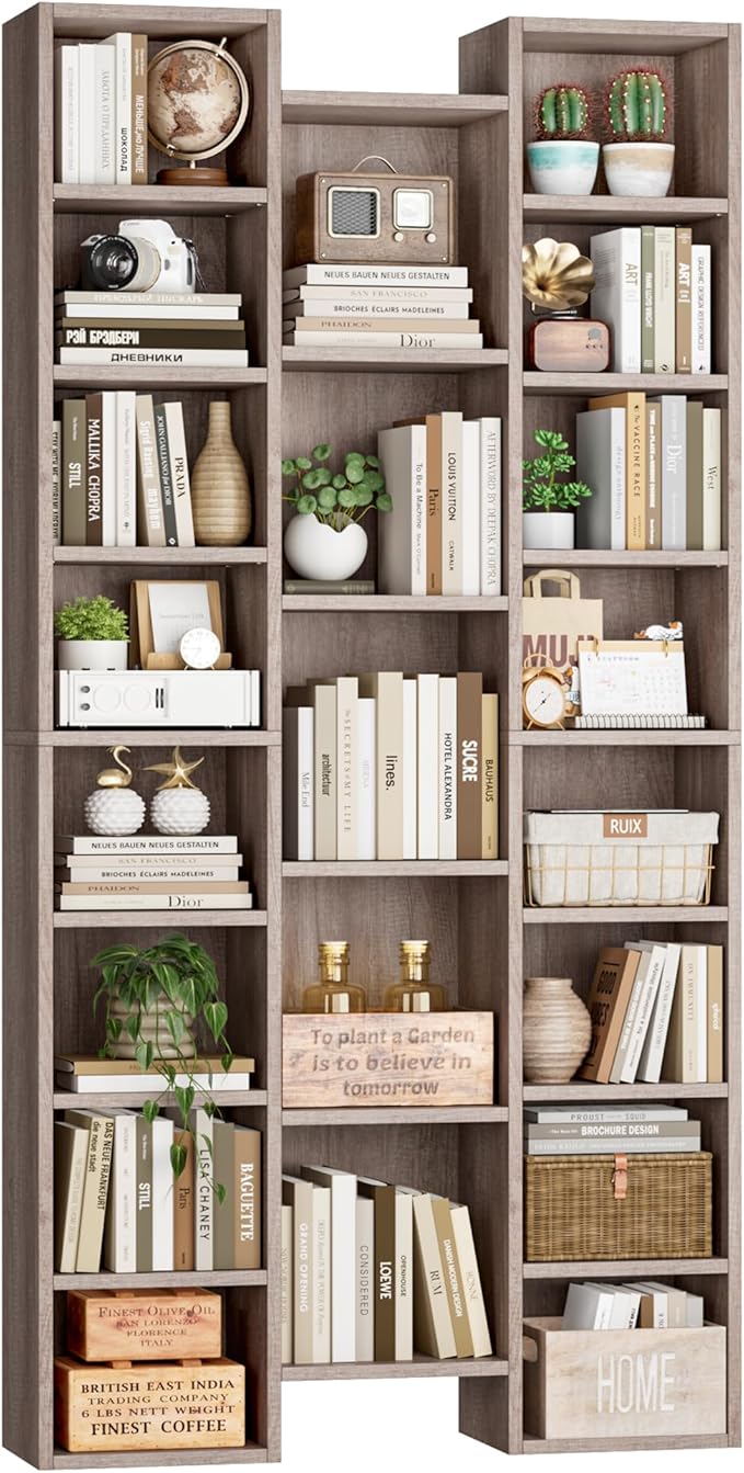 FOTOSOK 71'' Tall Bookshelf with 21 Cubes, 8 Tier Triple Wide Bookshelf with 8 Adjustable Shelves, 35" Large Bookcase DVD/CD Media Tower Storage, Freestanding Display Shelf Cabinet, Oak