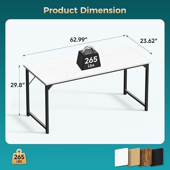 Sweetcrispy Small Computer Desk,63 Inch Office Writing Work Desk with Metal Frame Wooden Tabletop, Student Study Home Bedroom Table with X-Shaped Reinforcement, White