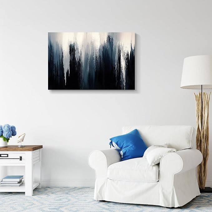 gaosoul Modern Blue Abstract Canvas Wall Art Oil Painting Giclee Print with Vertical Ice Crystal Strokes Ombre White to Navy Gradient Gallery Wrapped for Home Office Decor 36x24in