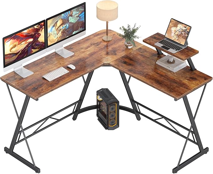 Mr IRONSTONE L Shaped Computer Desk: Corner Desk, Home Office Desk, Gaming Writing Workstation with Large Monitor Stand, Easy to Assemble (Rustic Brown,51 Inch)