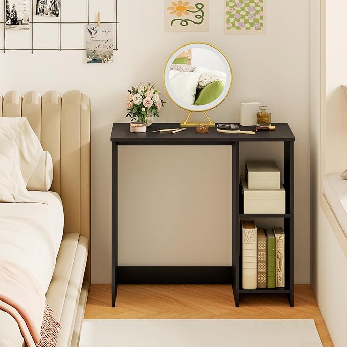 Tangkula Small Desk with Shelves, Compact Desk for Small Space, Study Writing Table with 2 Tier Shelves, Modern Simple Style Laptop PC Table (Black)
