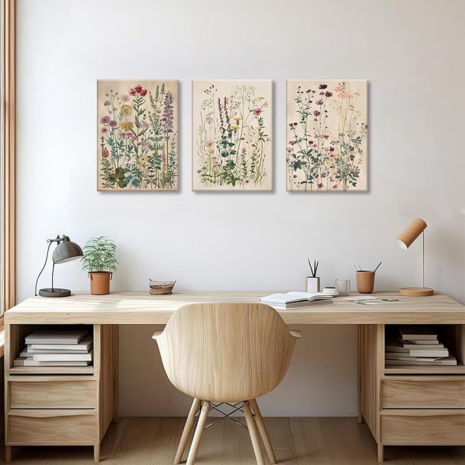 TUEASKY 3 Piece Canvas Wall Art Wildflower Wall Decor Botanical Pictures Floral Paintings Vintage Prints Watercolor Artwork for Bedroom Living Room