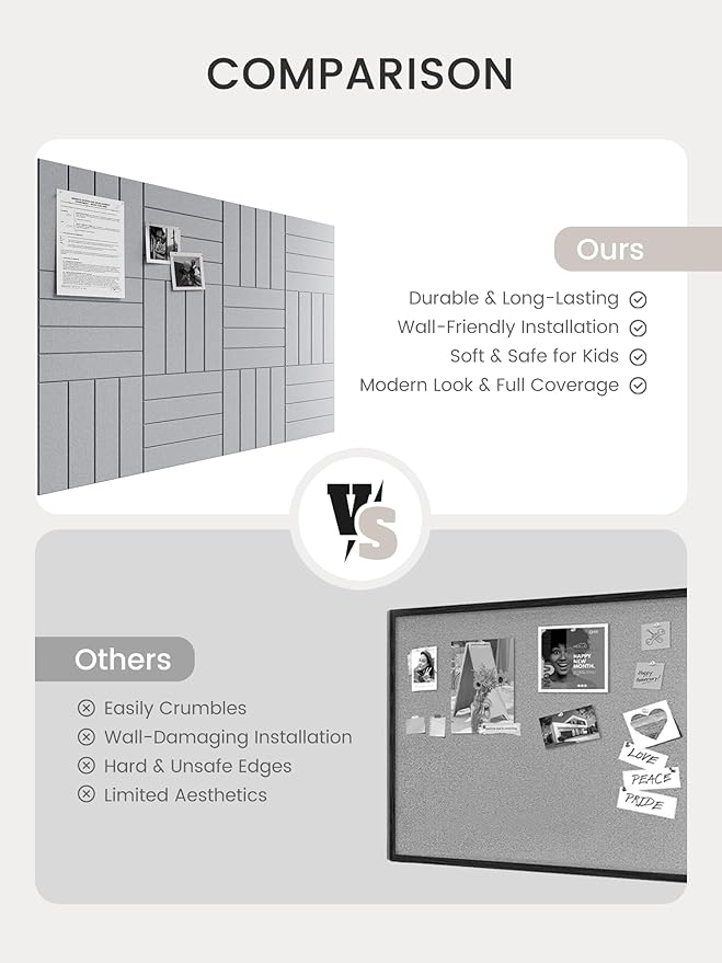 Bumusty Large Cork Board Alternative-48 x 36" Felt Bulletin Board Tiles, with 30 Pushpins, 70 Adhesive Tabs, 12-Pack Slat Wall Paneling, Cork Boards for Office Push Pin Board Felt Board-Soft Gray