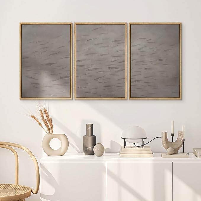 SIGNWIN Framed Canvas Print Wall Art Set Minimalist Fish Shoal Pattern Subtle Gray Underwater Illustrations Modern Art Decorative Abstract for Living Room, Bedroom, Office - 24"x36"x3 Natural
