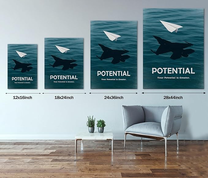 Potential Motivational Canvas Wall Art with Paper Plane & Your Potential is Greater Quote Inspirational Wall Decor for Office Living Room Home, Ready to Hang & Framed 12x16 inch
