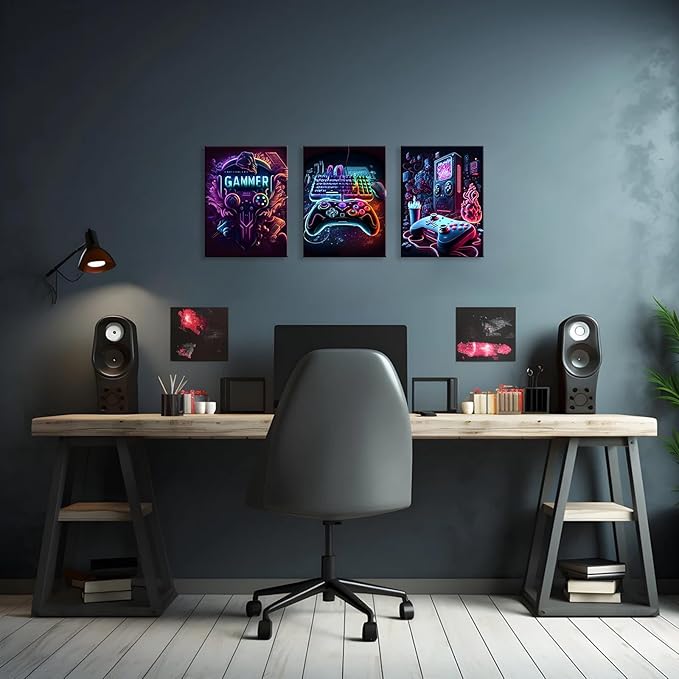 Gaming Room Decor-Video Gaming Theme Wall Art Framed,Gaming Wall Decor Video Game Poster for Boys Room Neon Gamepad Headphones Canvas Art Prints Cool Boys Bedroom Decor Wall Art,12x16inch