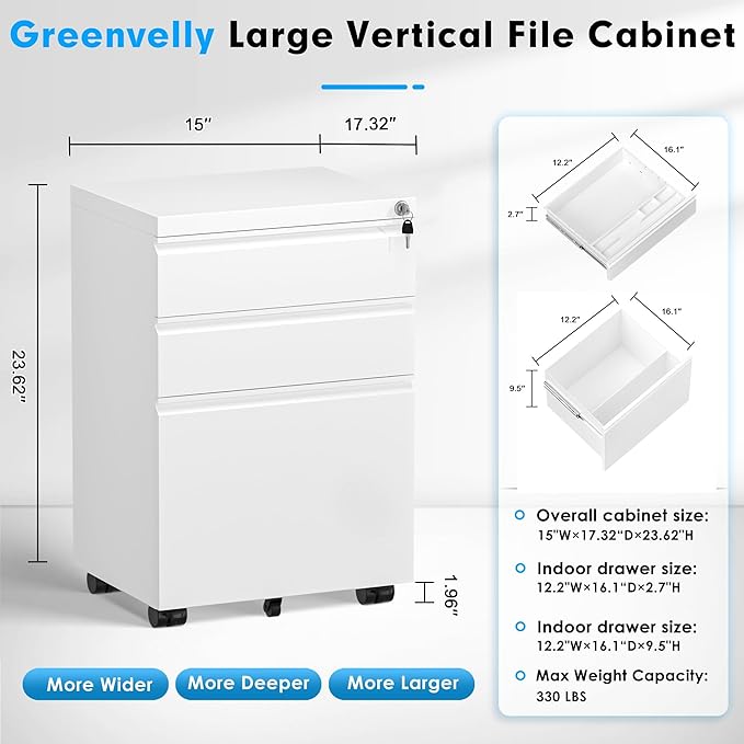 Greenvelly 3-Drawer Mobile File Cabinet with Locking Drawers & Wheels, No Assembly Required White Rolling Metal Filing Cabinet for Home Office, Lockable File Organizer Under Desk or Letter/Legal Files