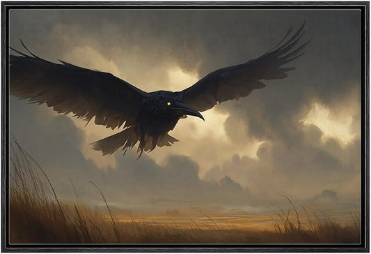 MUDECOR Framed Canvas Print Wall Art Majestic Crow Flying Through Stormy Skies Illustrations Minimalism Decorative Relax Colorful for Living Room, Bedroom, Office - 16"x24" BLACK