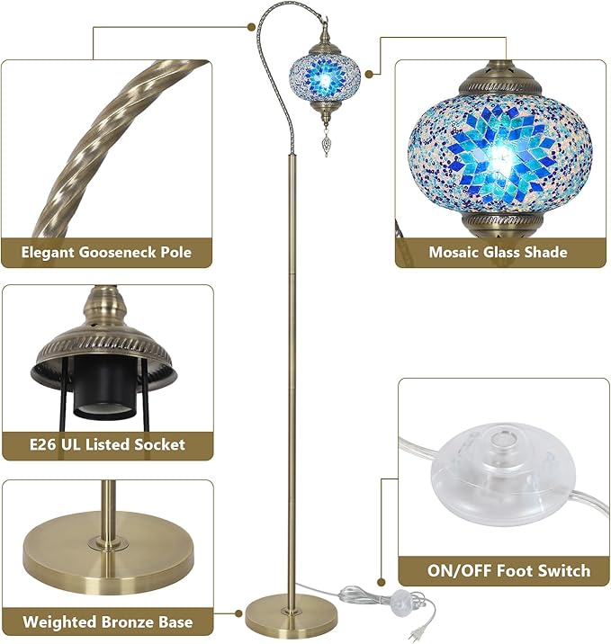 Turkish Moroccan Floor Lamp, Tiffany Lamp with Handmade Mosaic Glass Shade, Bronze Base, Swan Neck Tall Standing Lamps for Living Room Bedroom Corner Light Home Decor, Blue