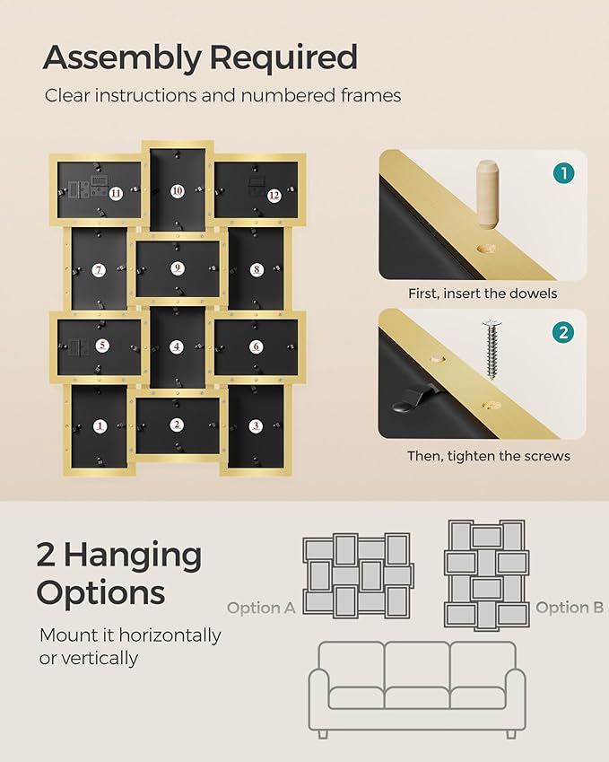 SONGMICS Collage Picture Frames, 4x6 for Wall Decor, Multi Family Photo for Gallery Decor, Hanging Display, Set of 12, Pale Gold URPF026A01