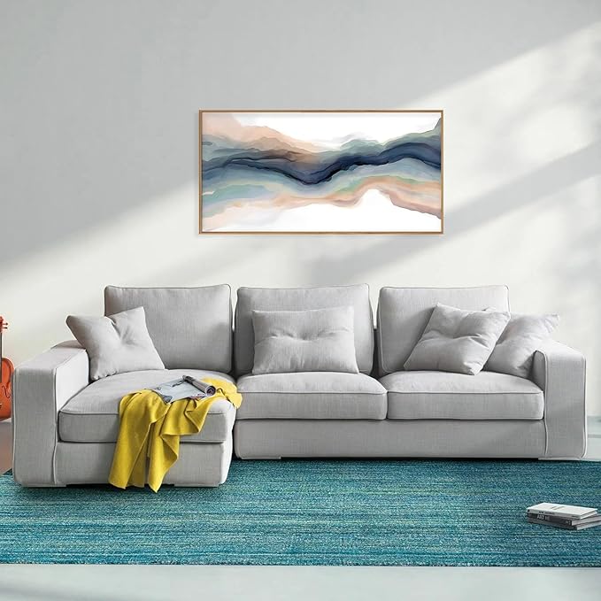 HLNIUC Navy Blue Abstract Framed Canvas Wall Art, Watercolor Wave Line Horizontal Wall Decor, Long Teal Orange Coastal Artwork(40"x20"), Large Neutral Modern Prints for Living Room, Bedroom, Office