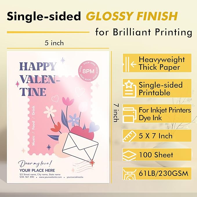 Koala Heavyweight Photo Paper High Glossy 5x7 Inches for Inkjet Printing 100 Sheets 61LB