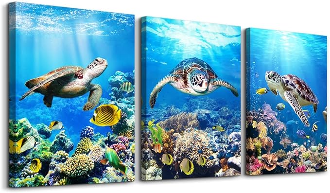 MHARTK66 Canvas Wall Art - Modern Decor for Living Room, Bedroom & Office - Sea Turtle Wall Paintings - Ocean & Underwater World Pictures - 3 Panels Ready to Hang - 12" X 16" Each