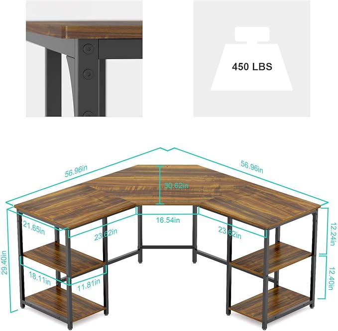 Elephance Large L-Shaped Computer Desk with Shelves, Corner Desk, Home Office Writing Workstation, Gaming Desk PC Latop Table with Storage