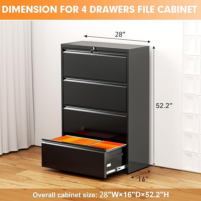 INTERGREAT 4 Drawer Lateral File Cabinet with Lock for Legal/Letter A4 Size, Locking Filing Cabinet for Home Office, Assembly Required, Black