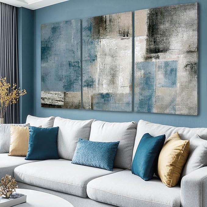 SDYA Large Blue Abstract Wall Art Set Of 3 Canvas 24x48 In,Modern Blue Grey Minimalist Painting,Contemporary Wall Decor Pictures for Living Room