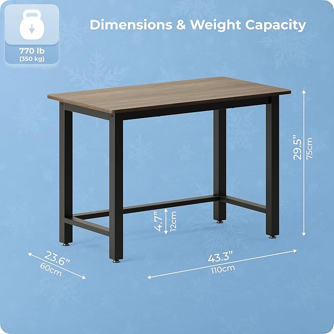 43" Home Office Desk Modern Computer Desk 43.3x23.6x29.5 inches PC Table with Thicken Frame Industrial Style Sturdy Metal Frame Furniture for Writing Gaming Rustic Brown+Black