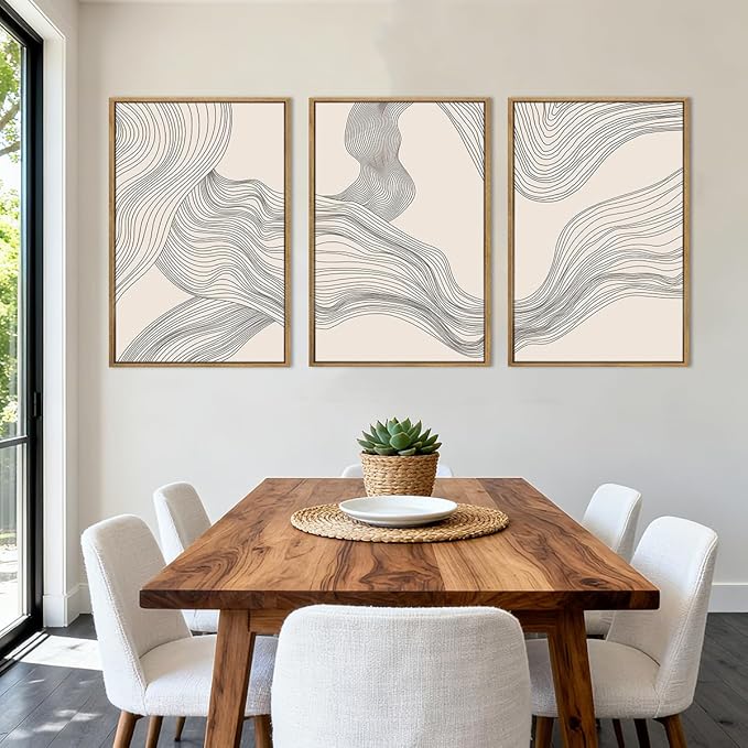 Large Beige Abstract Wall Art Framed Neutral Modern Canvas Wall Decor Minimalist Line Wave Painting 24x36 Inch Pictures Set of 3 for Living Room Bedroom Dining Room