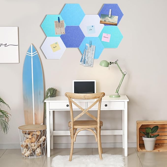 8 Pcs 12" Large Hexagon Felt Cork Bulletin Board Tiles Self Adhesive DIY Pin Board with 50 Push Pins and 10 Colored Clips, Wall Decor for Office Home Kitchen Photos Memos(Blue)