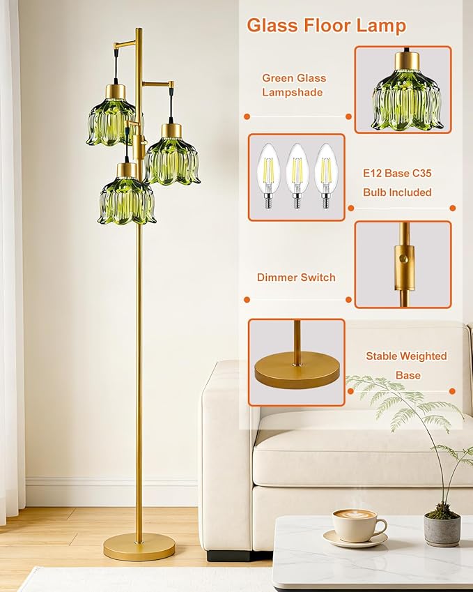 Lightdot 3-Light Floral Floor Lamp 65'' Dimmable Floor Flower Lamp with Green Glass Shade& E12 Bulbs Included, Mid Century Standing Tall Lamp for Living Room/Bedroom/Sofa Beside-Gold