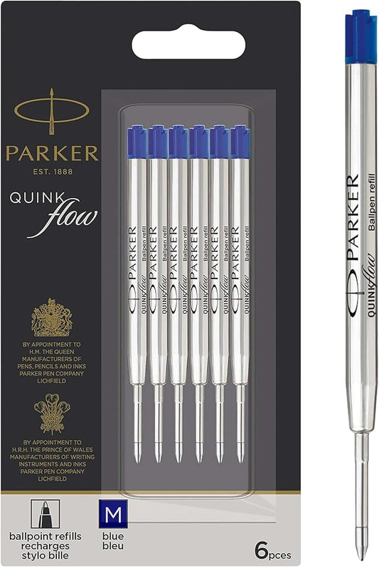 Parker Authentic QUINKflow Ballpoint Pen Refills, Medium Point Blue Ink, 6-Count Value Pack