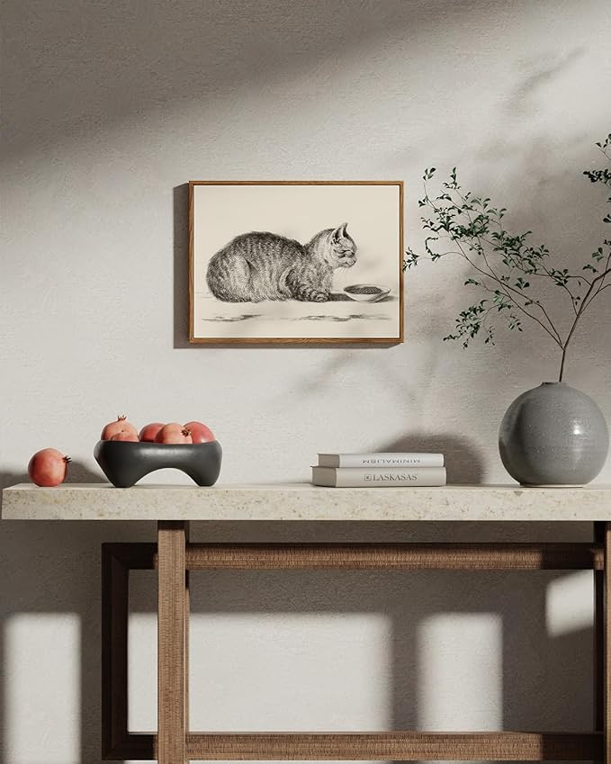 ARPEOTCY Vintage Framed Canvas Wall Art, Cute Cat Wall Art for Livingroom Bathroom Decor Pictures, Vintage Rustic Retro Prints for Bedroom Kitchen Home Decor Aesthetic(12x16 Inch)