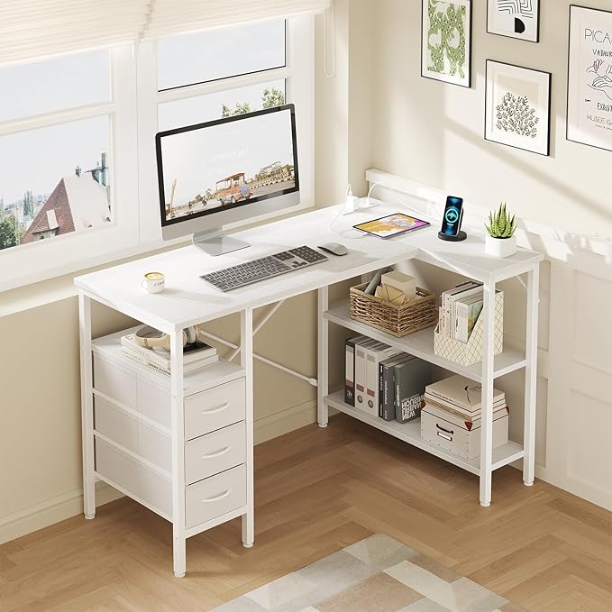 DUMOS L Shaped Desk with Shelf Drawers 47 Inch, White Corner Computer Desks Gaming with Power Outlet, Study Table with Adjustable Shelves, Home Office Tables for Bedroom Teacher Reading Writing