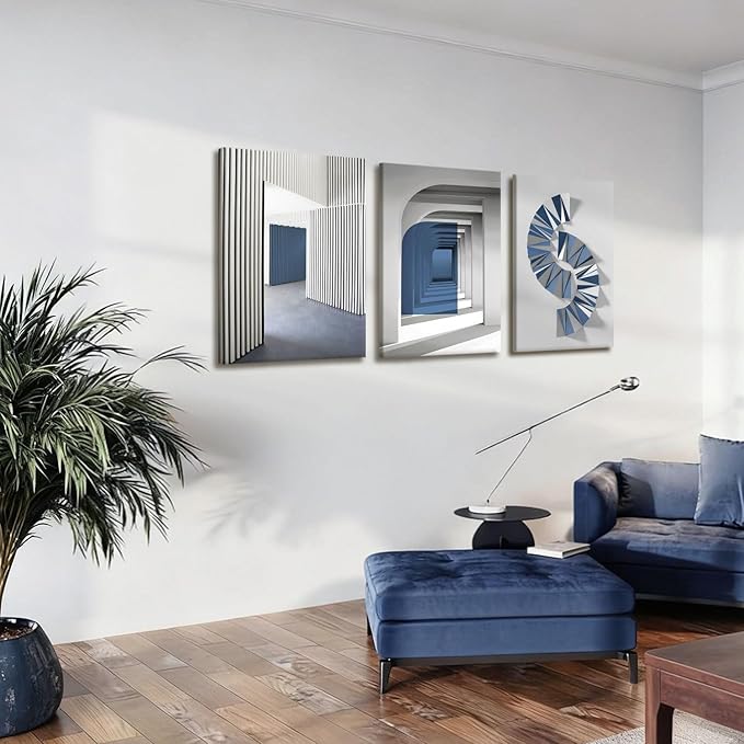 NCCXNCC 3-Pcs Abstract Blue Canvas Wall Art Neutral Minimalist Paintings Gray Geometric Posters Print Modern Architecture Image Artwork Living Room Bedroom or Office Wall Decoration 12x16 inch