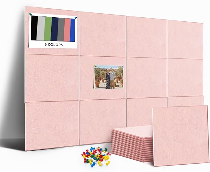 MISSDAY Pink Acoustic Wall Panel Felt Bulletin Board 48" x 36" Cork Board for Wall, 12-Pack Boards with 72 Removable Adhesive Tabs, 50 Pins, Pin Board for Home Office Classroom Soundproof Wall Tile