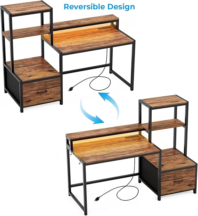 GreenForest Computer Desk with Drawers and Monitor Stand, Home Office Desk with Storage Shelves, Small Gaming Desk with Power Outlets and LED Lights for Study Writing Working, 51 inch Walnut