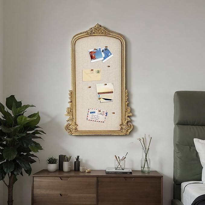 Vintage Framed Pin Board Linen Display Bulletin Board Large Cork Fabric Picture Photo Pinboard Memo Ornate Decorative Pinboard Ornate for Wall Gift(Arch,19" X 31",Gold)