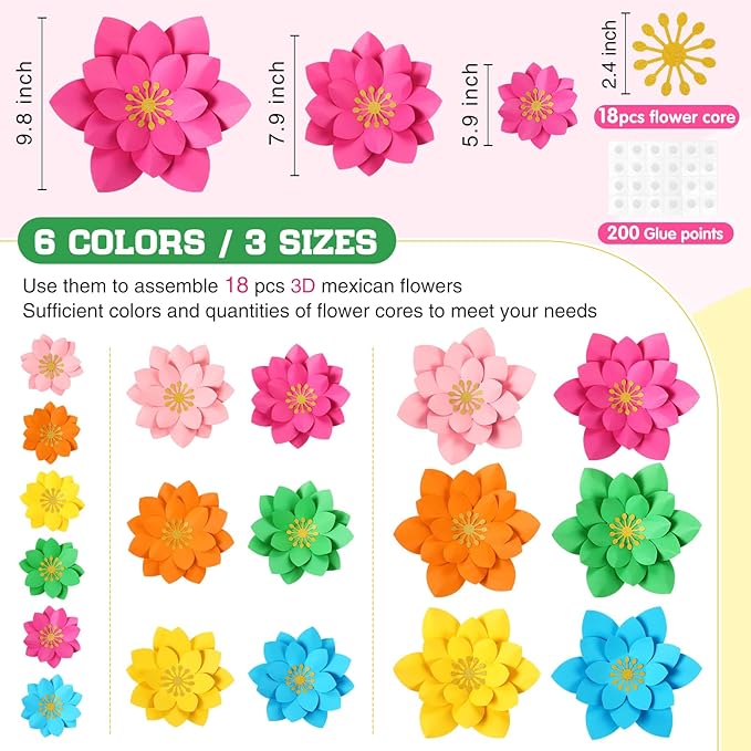 18 Pcs Paper Flowers Decor for Wall DIY Flower Bulletin Board 3D Spring Fiesta Mexican Paper Floral Decoration for Photo Backdrop Classroom Back to School Party(Lotus-Shaped,Rainbow)