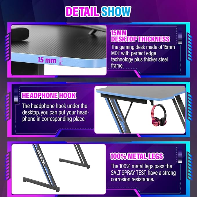 PayLessHere | 47" Gaming Table | Blue | Z-Shaped Computer Desk with Steel Frame, Headphone Hook, Adjustable Feet | Carbon Fiber Texture Surface, Sweat & Waterproof | for Gaming, Home Office
