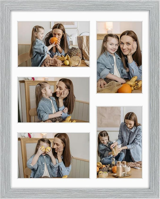 Golden State Art, 11x14 Grey Wooden Frame with White Mat - Displays Five 4x6 Photos - Real Glass, Sawtooth Hangers, Flexible Metal Tabs - Wall Mounting, Landscape, Portrait