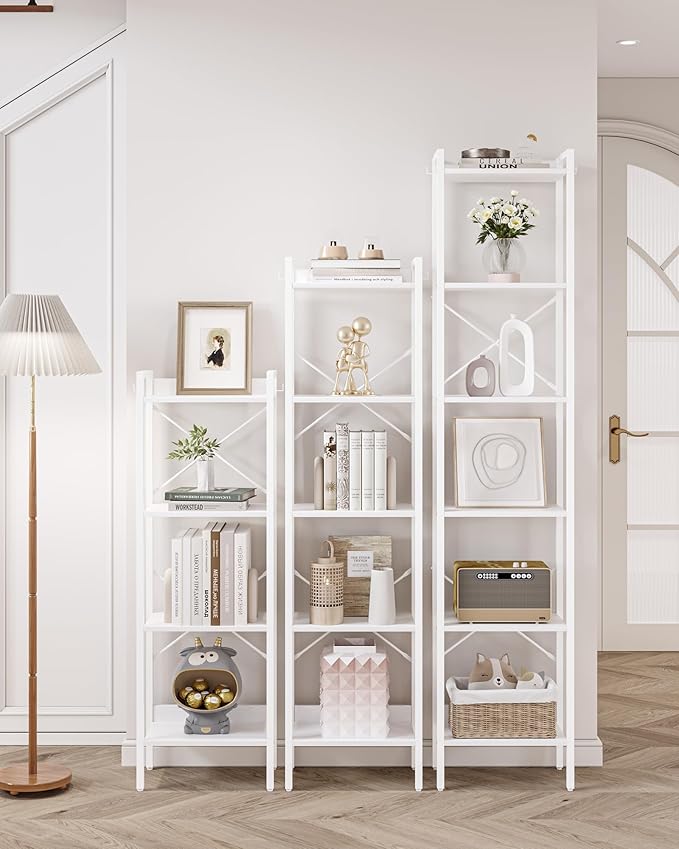 Bookshelf, Book Shelf, Industrial Bookcase with 2 Hooks, Coner Shelf Storage Organizer for Home Office, Living Room, Bedroom, Kitchen, 6-Tier White BC10713W