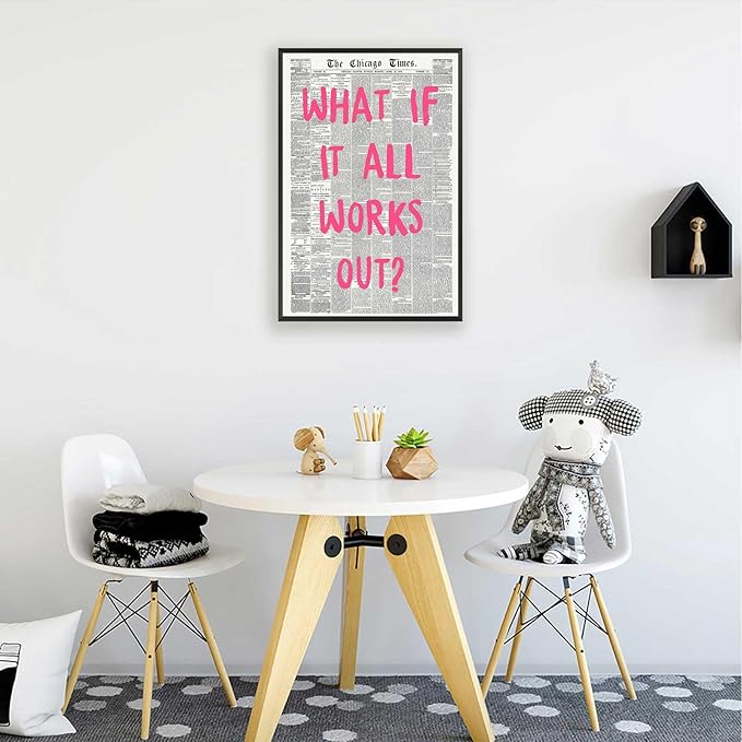 What If It All Works Out Poster Retro Newspaper Pink Font Canvas Wall Art Positive Affirming Quote Minimalist Prints Painting For Home Bedroom Dorm Wall Decor 12x18in Framed