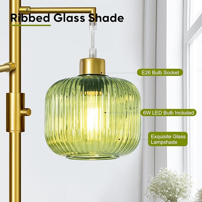Floor Lamp for Living Room, Dimmable Standing Lamp with Green Glass Shade, Modern Gold Tall Lamps for Bedroom, 3×600LM LED Bulbs Included